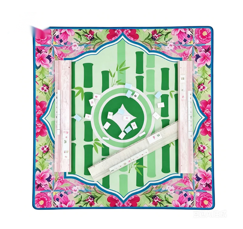 Colourful printed mahjong mat with coordinated table accessories