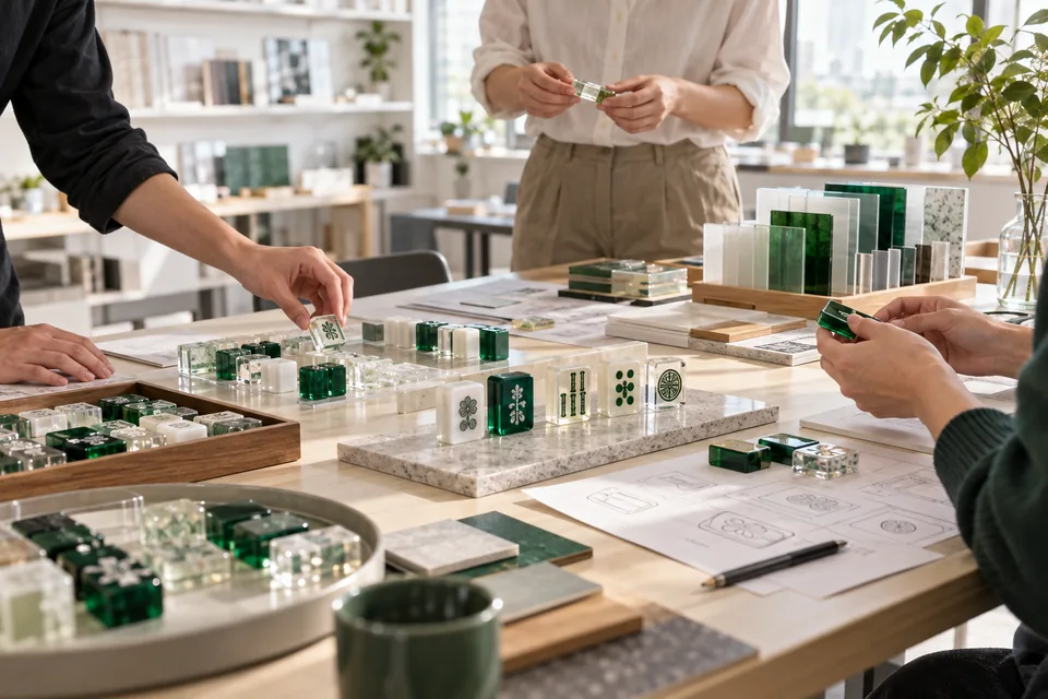 Generated illustration of a mahjong design discussion with tiles and reference sheets